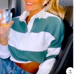 Abercrombie & Fitch Green and White striped cropped rugby polo